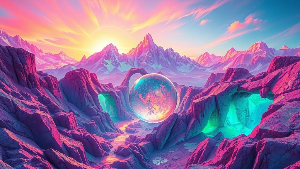 Surreal, Iridescent Mountains in a Dreamlike Landscape