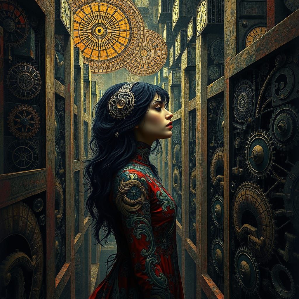 Ethereal Woman Lost in a Dreamlike Maze of Psychedelic Art N...