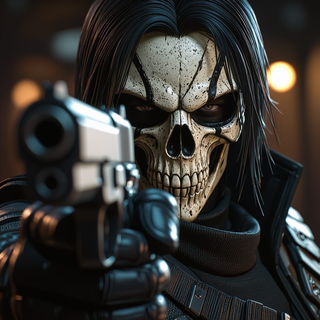 Masked Vigilante: Hyper-Detailed Gun in Cinematic Lighting