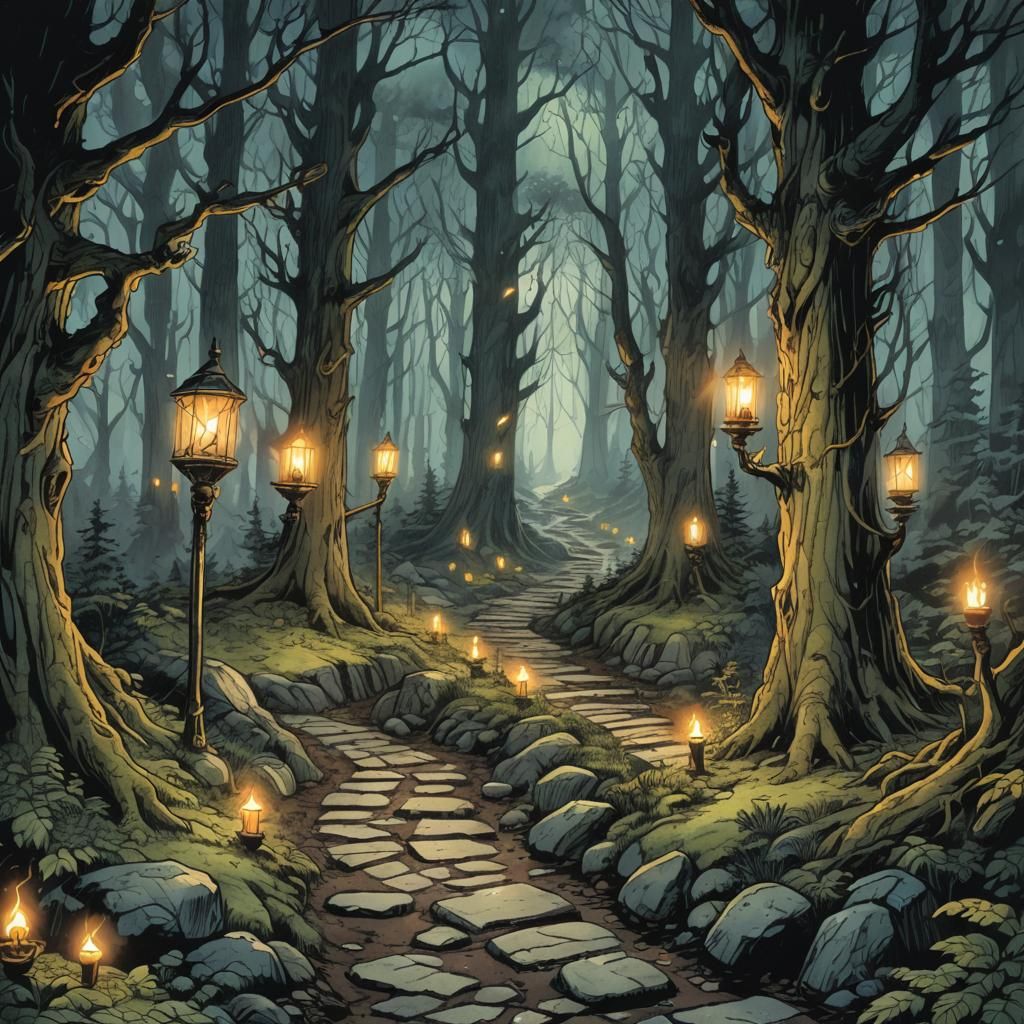 Candlelit Forest Path in Retro D&D Style