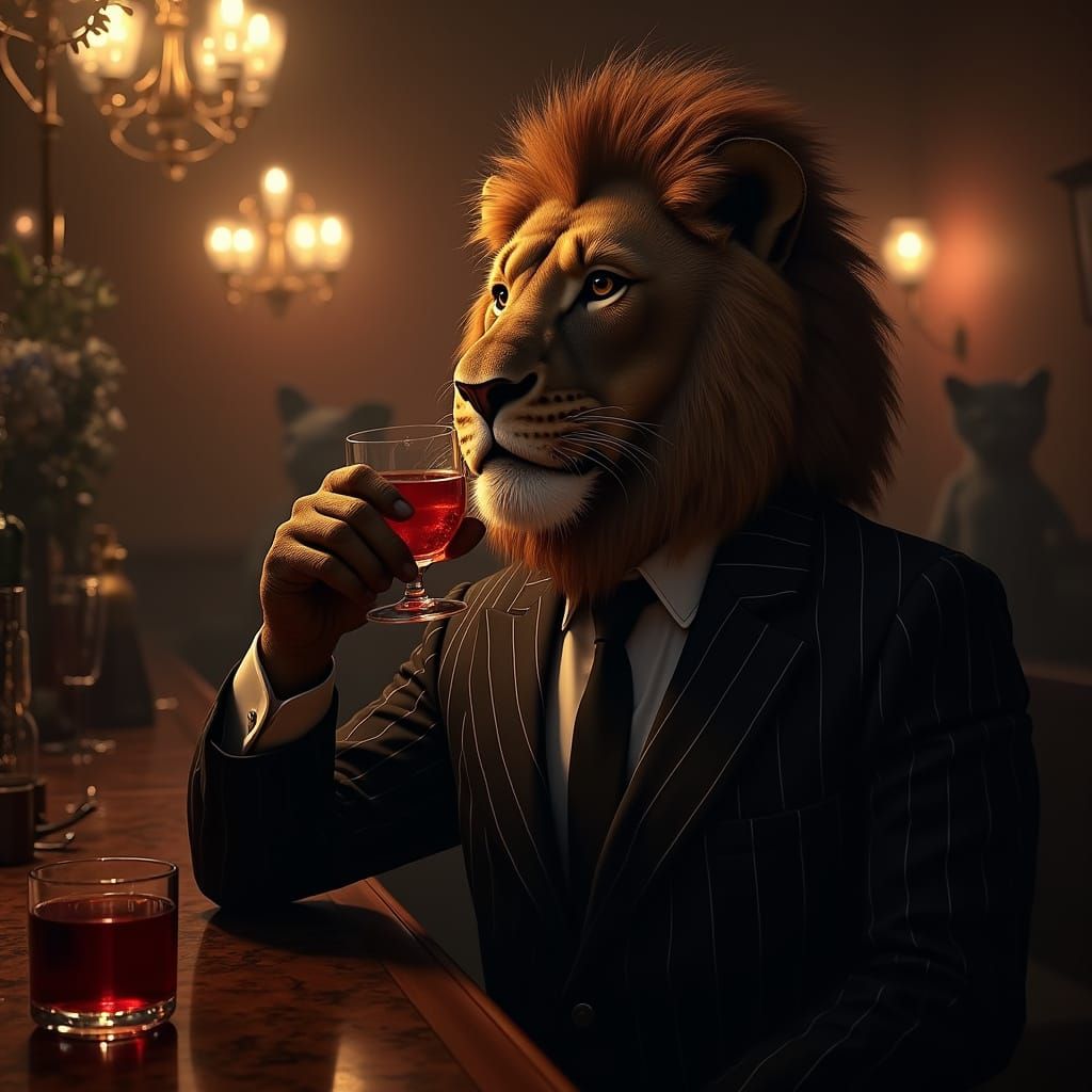 Anthropomorphic Lion in Film Noir Style