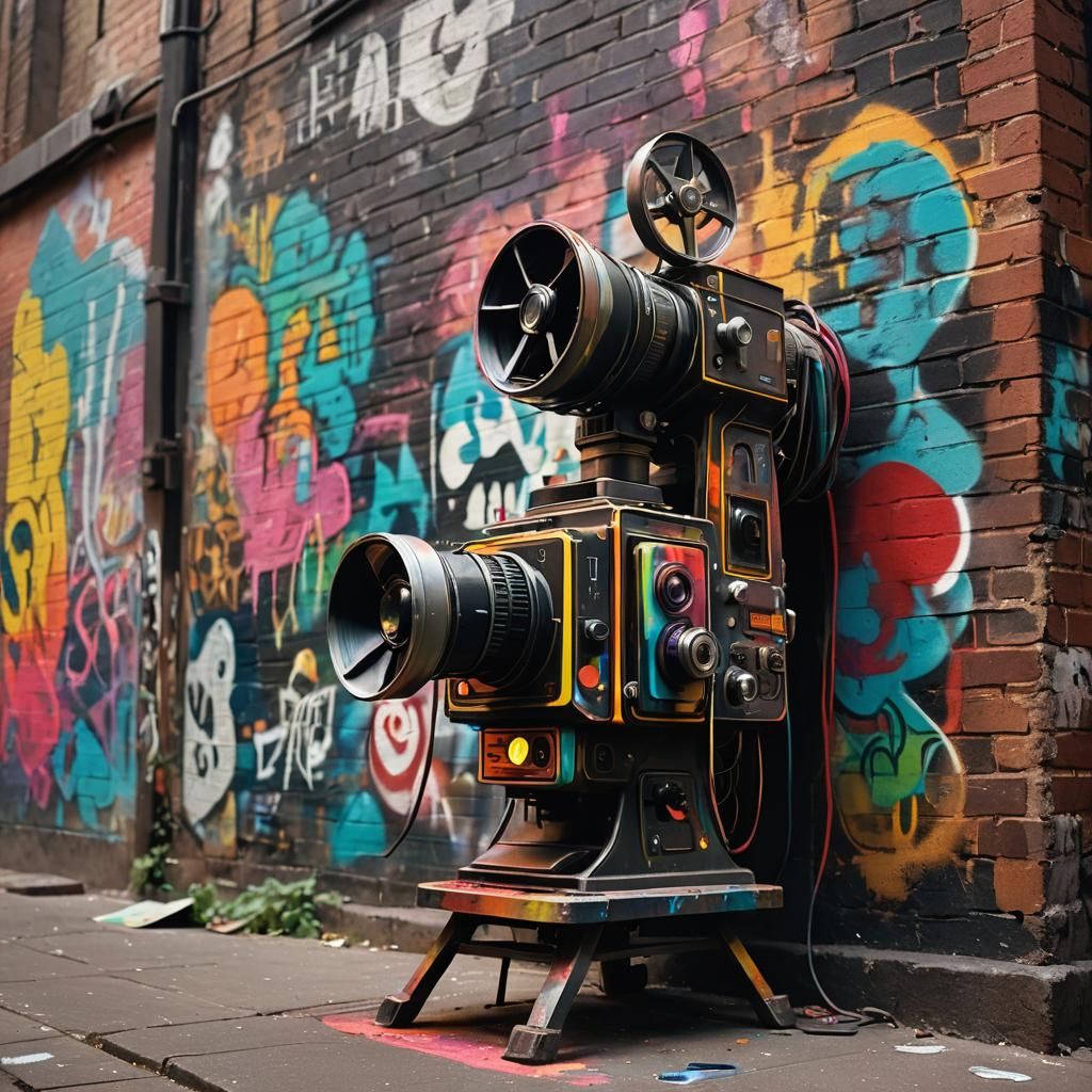 Vintage Film Projector in Vibrant Street Art Style
