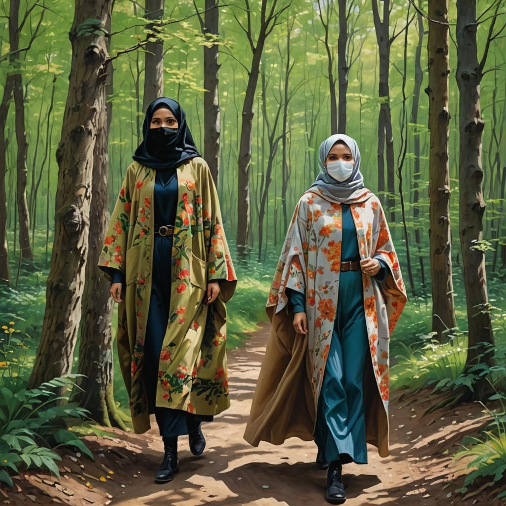Spring Forest Walk with Hijabi Women: Gurney-Style Oil Paint...