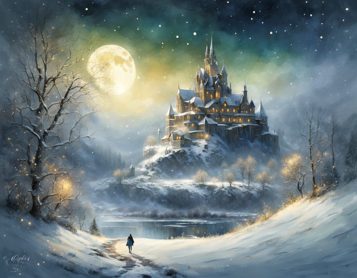 Fantasy Snowy Castle in Ethereal Winter Landscape