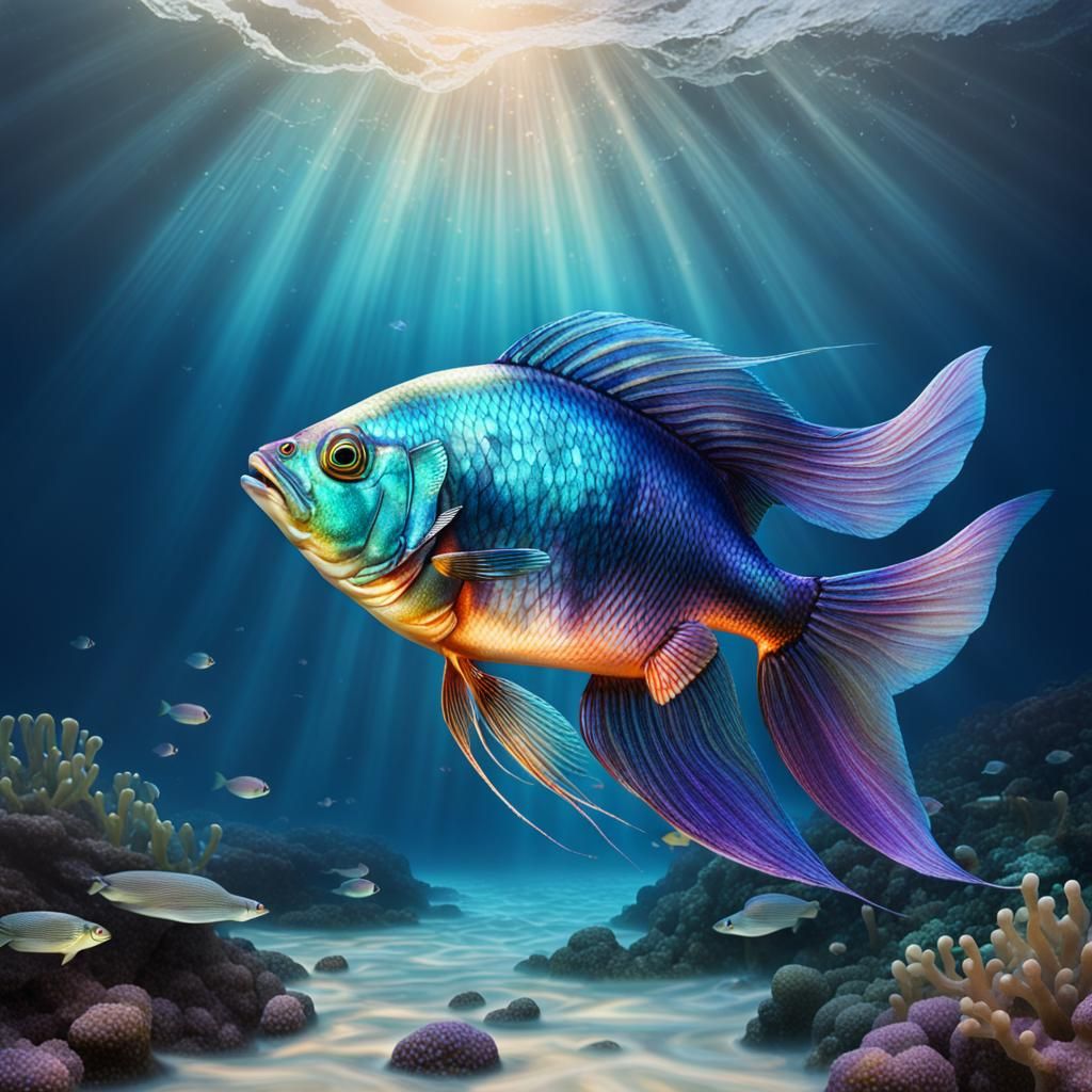 Irredescense: an irredescent fish against an ocean