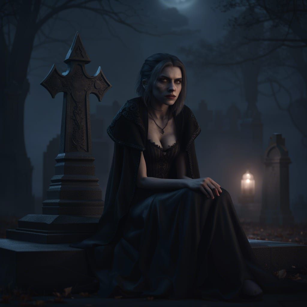Teenage Vampire in Foggy Graveyard, 3D Render