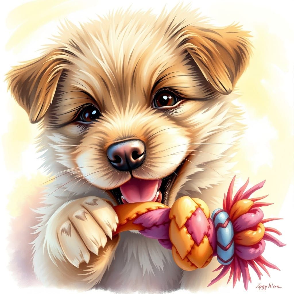 Whimsical Puppy Chews Colorful Toy in Sunny Light