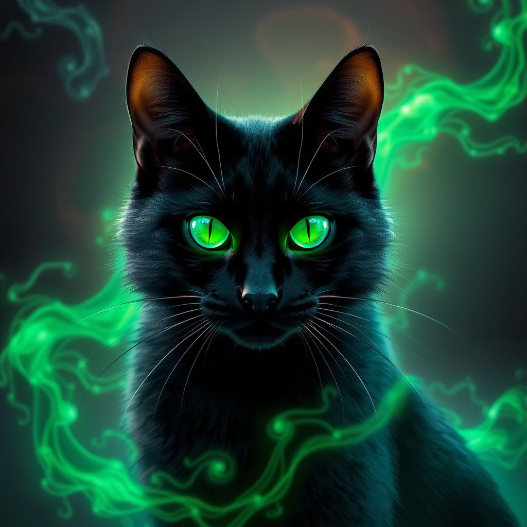Mystical Black Cat with Green Aura in Fantasy Art