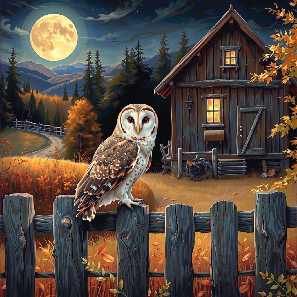 Barn Owl on Fence Near Autumn Cabin
