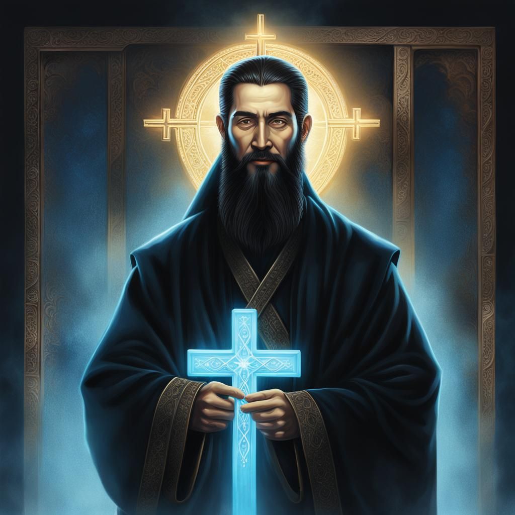 A smiling Orthodox monk facing forward, wearing a black robe...