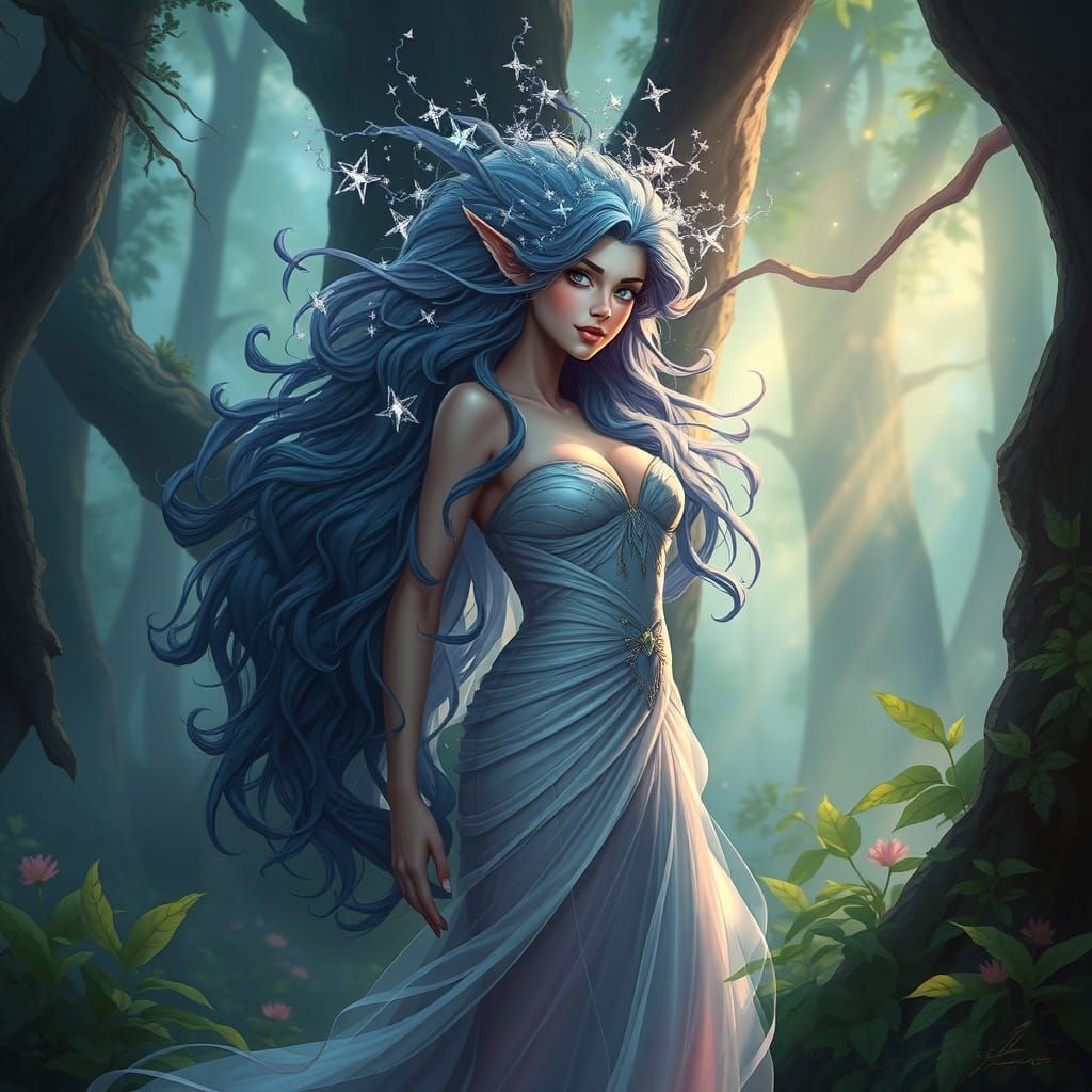 Forest Dryad with Starlight Hair, Digital Art