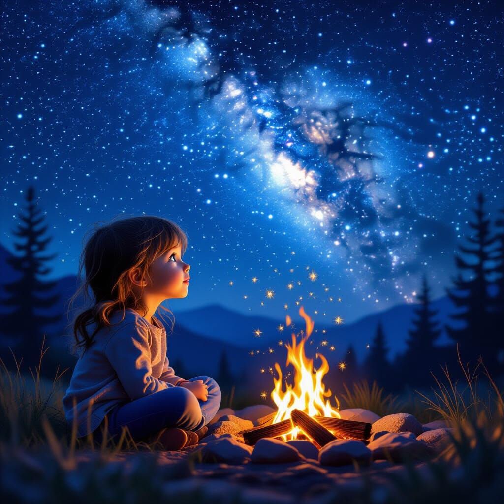 Girl Gazes at Milky Way by Campfire