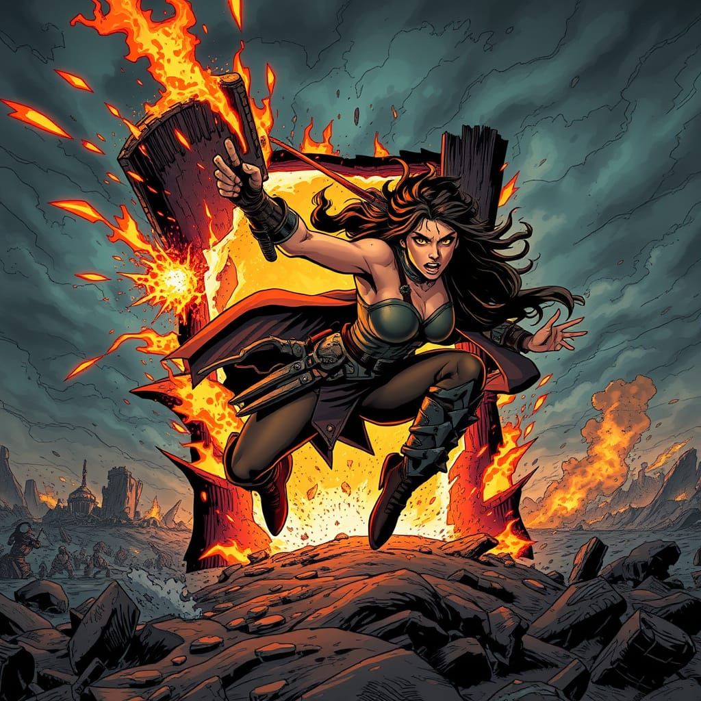 Latina Warrioress Leaping Through Fiery Portal