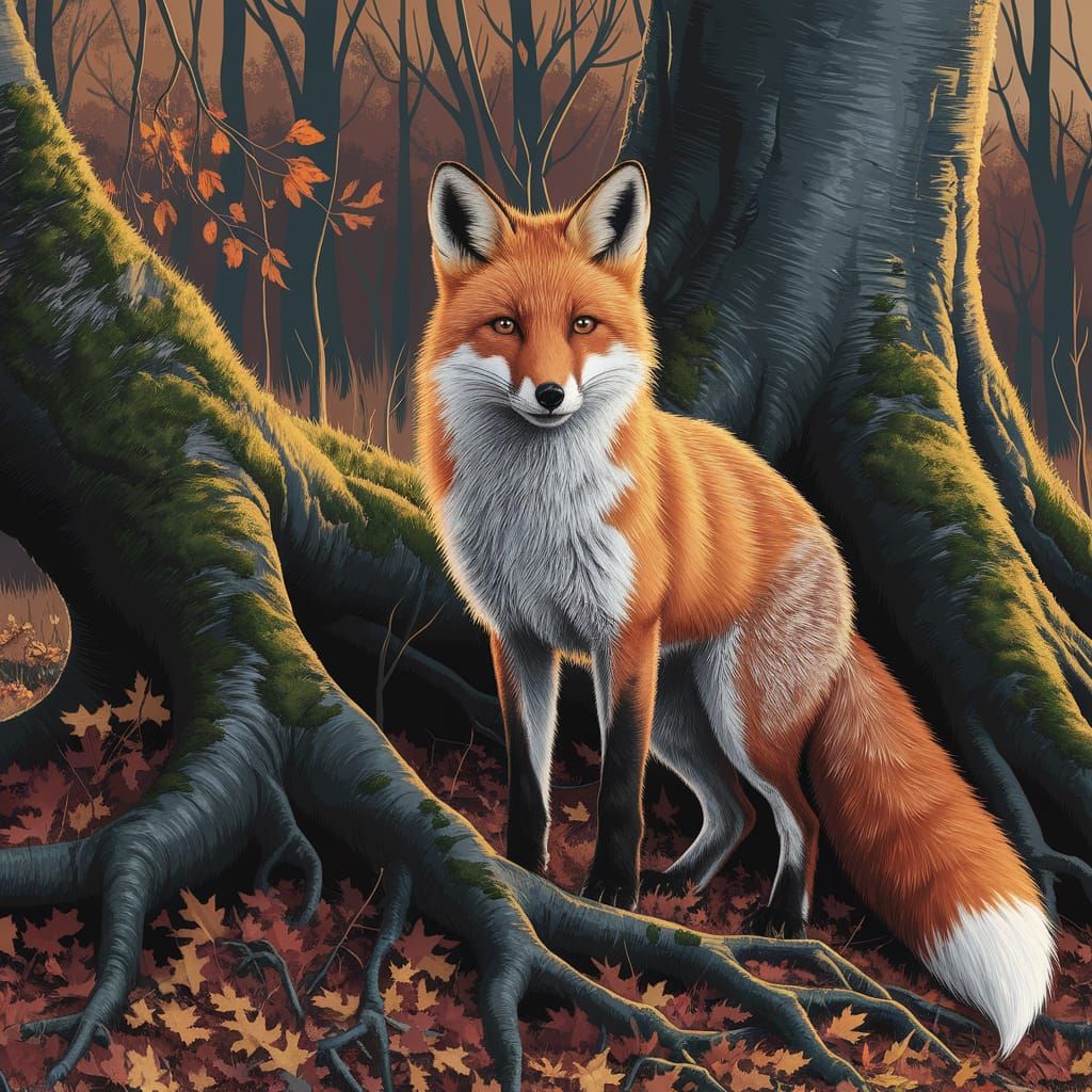 Red Fox in Autumn Woodland, Gritty Impressionism