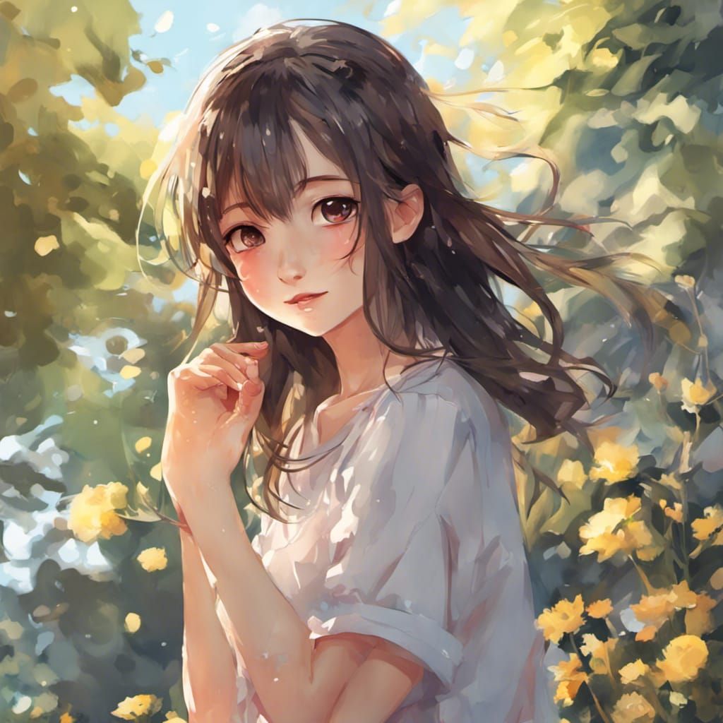 Anime Style Painting of a Happy Girl with Friends