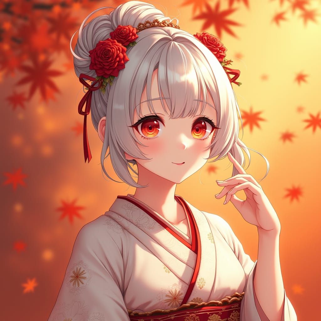 Anime Woman with Kimono and Silver Hair