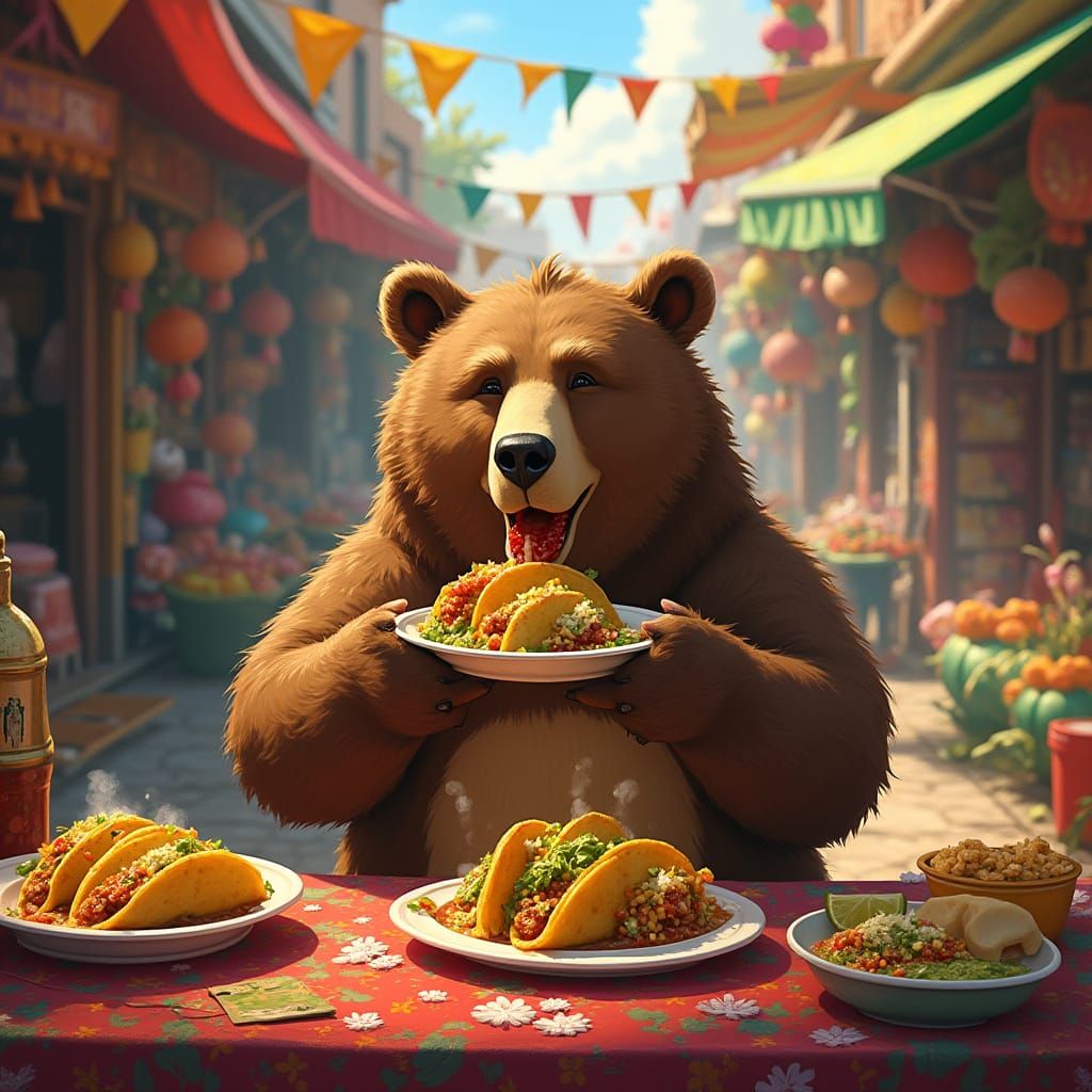 Vibrant Bear in Whimsical Mexican Market Scene