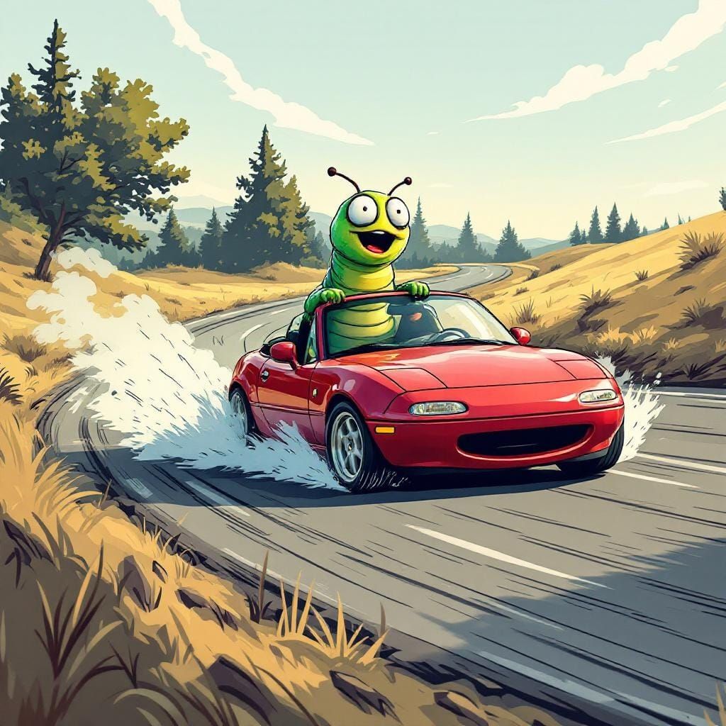 Overexcited Caterpillar Drifting a Miata: Comic Illustration