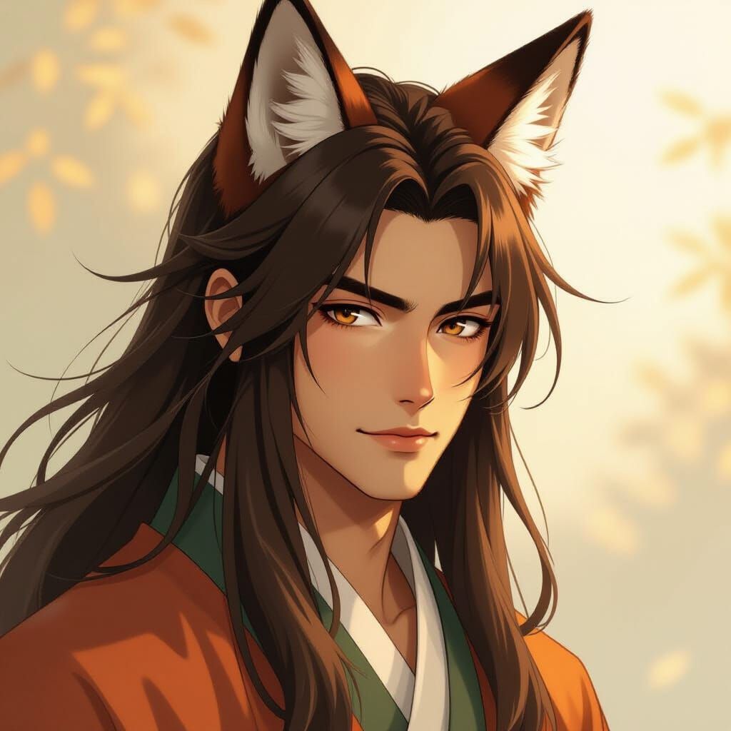 Handsome Japanese Kitsune Man in Dreamy Watermark Style