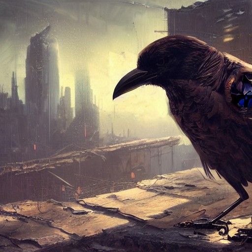 Steampunk Crow in Post-Apocalyptic Cyberpunk Oil Painting