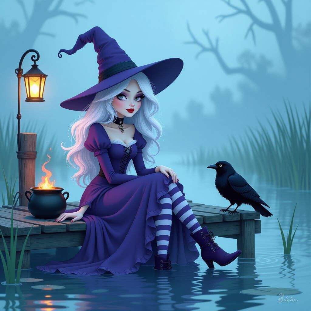 Cartoon Sorceress in Misty Marsh as Playful Nightmare