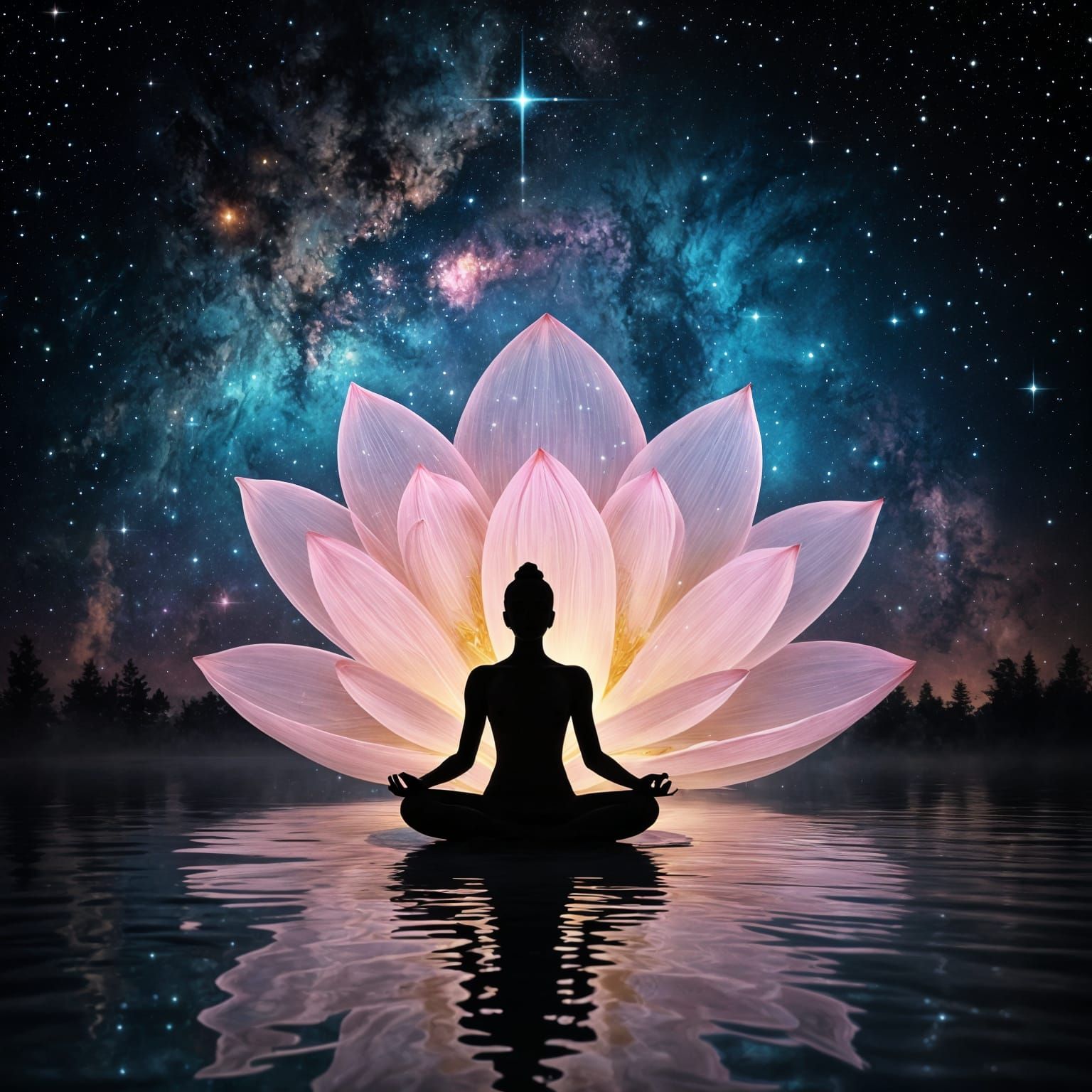Meditative Lotus Goddess in Celestial Cosmic Scene