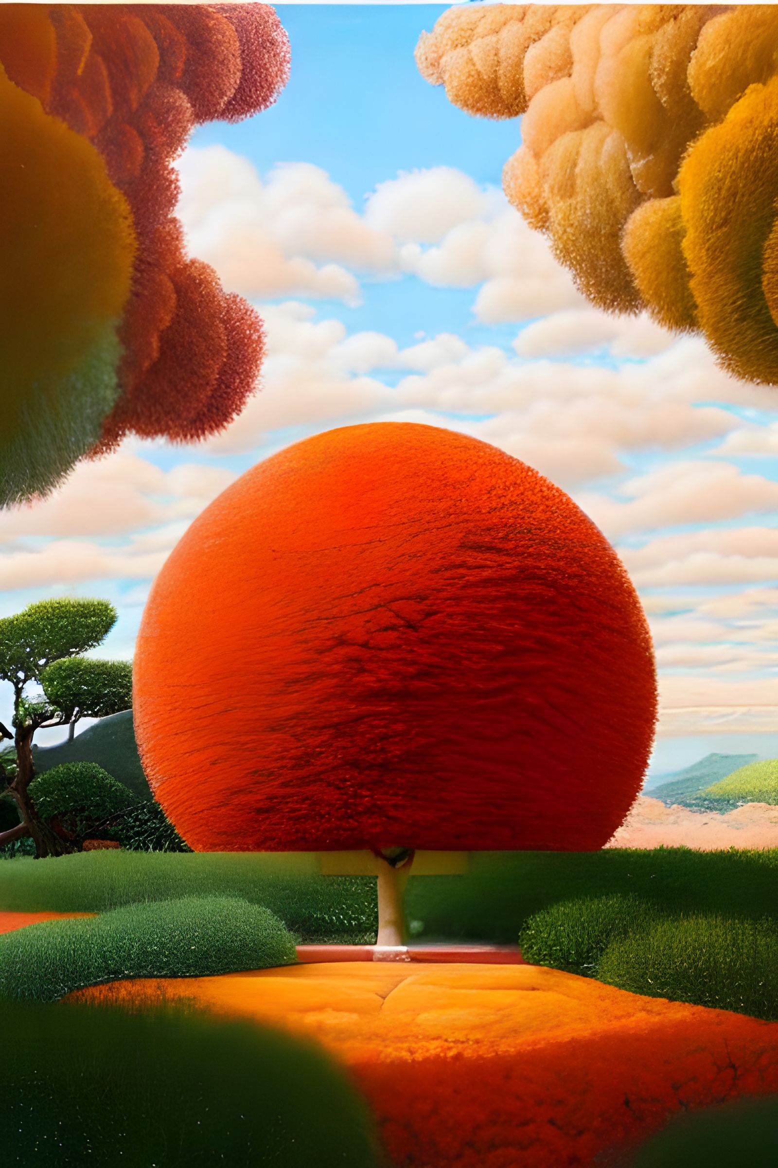 Spiraling Red Rock Monolith with Clouds and Leaves