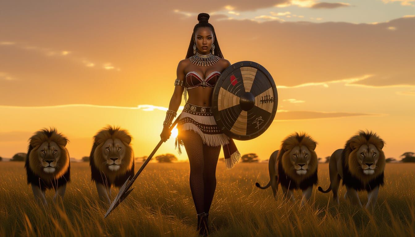 Zulu Warrior in African Plains at Sunset