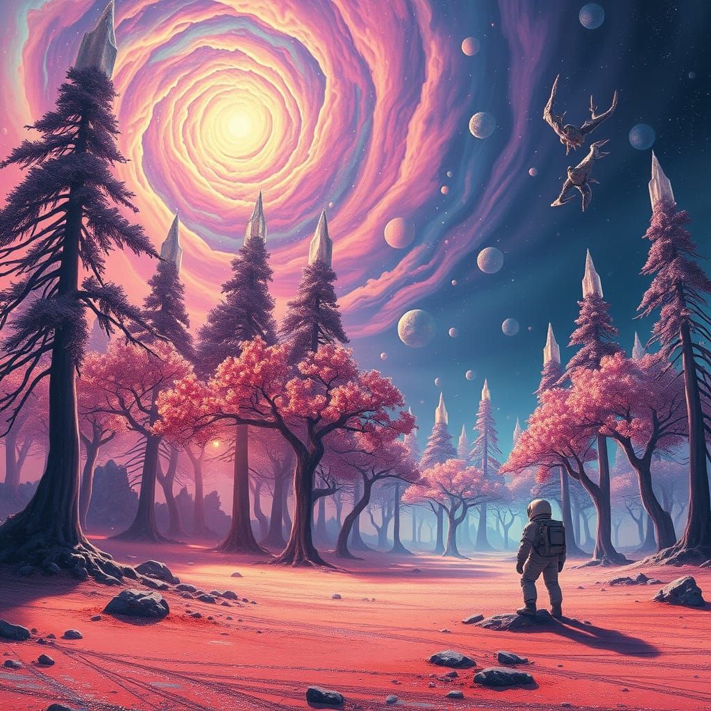 Astronaut Explores Crystalline Alien Forest Under Nebula Sky