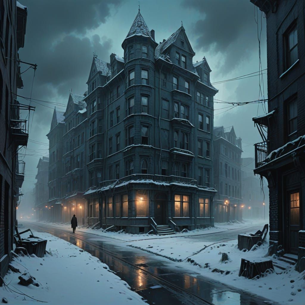 Snow-Shrouded Ghost Town in Eerie Blue Haze