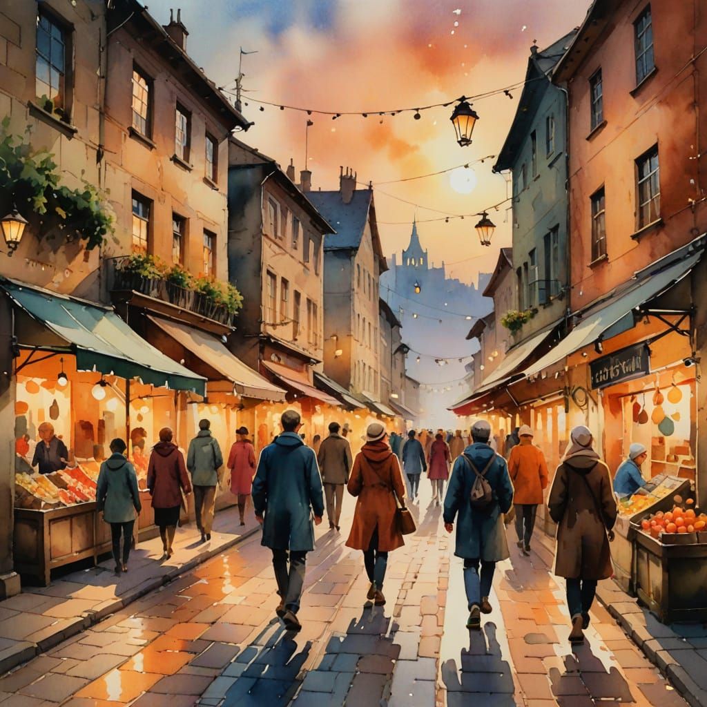 Cozy Watercolor Streets with Lanterns and Market Stalls