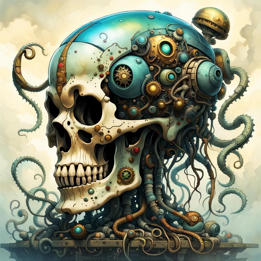 Robot Skull with Tentacles: Digital Art Masterpiece