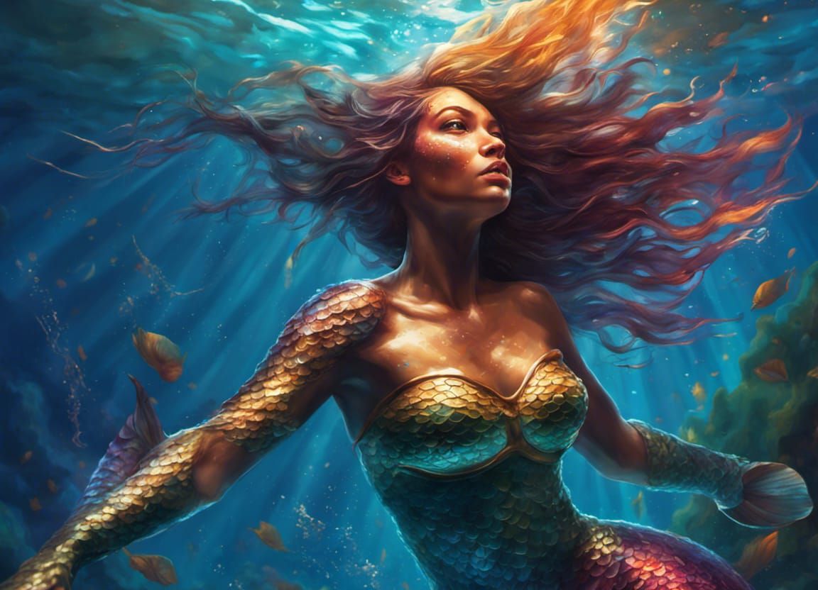 Hyperrealistic Mermaid Warrior Swimming in Colorful Depths