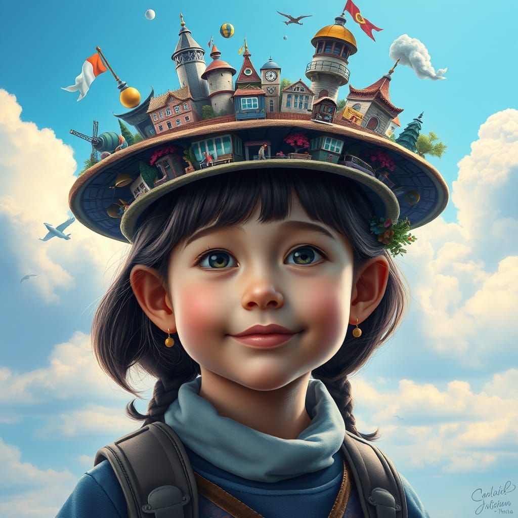 Girl in a City Hat with Wondering Expression