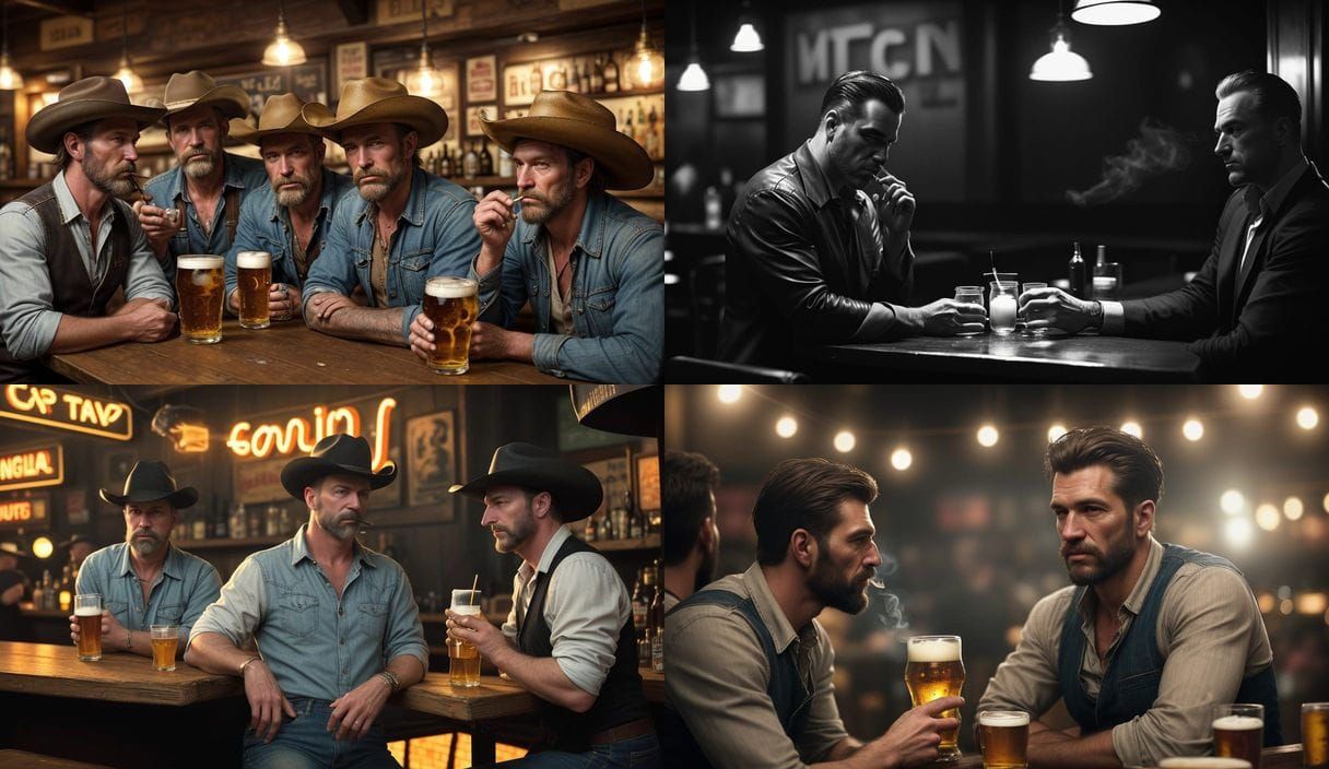 Shabby Men at Beer Bar in Photorealistic 35mm