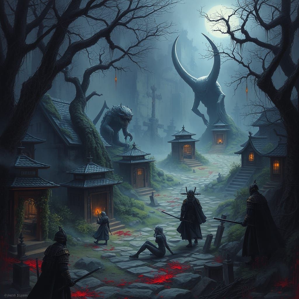 Dark Fantasy Graveyard Scene with Fae and Warriors