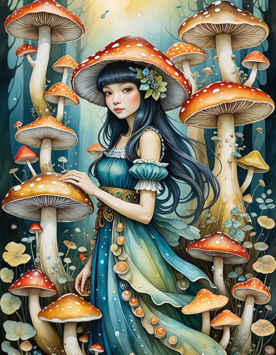 Whimsical Mushroom Maiden Fantasy Art