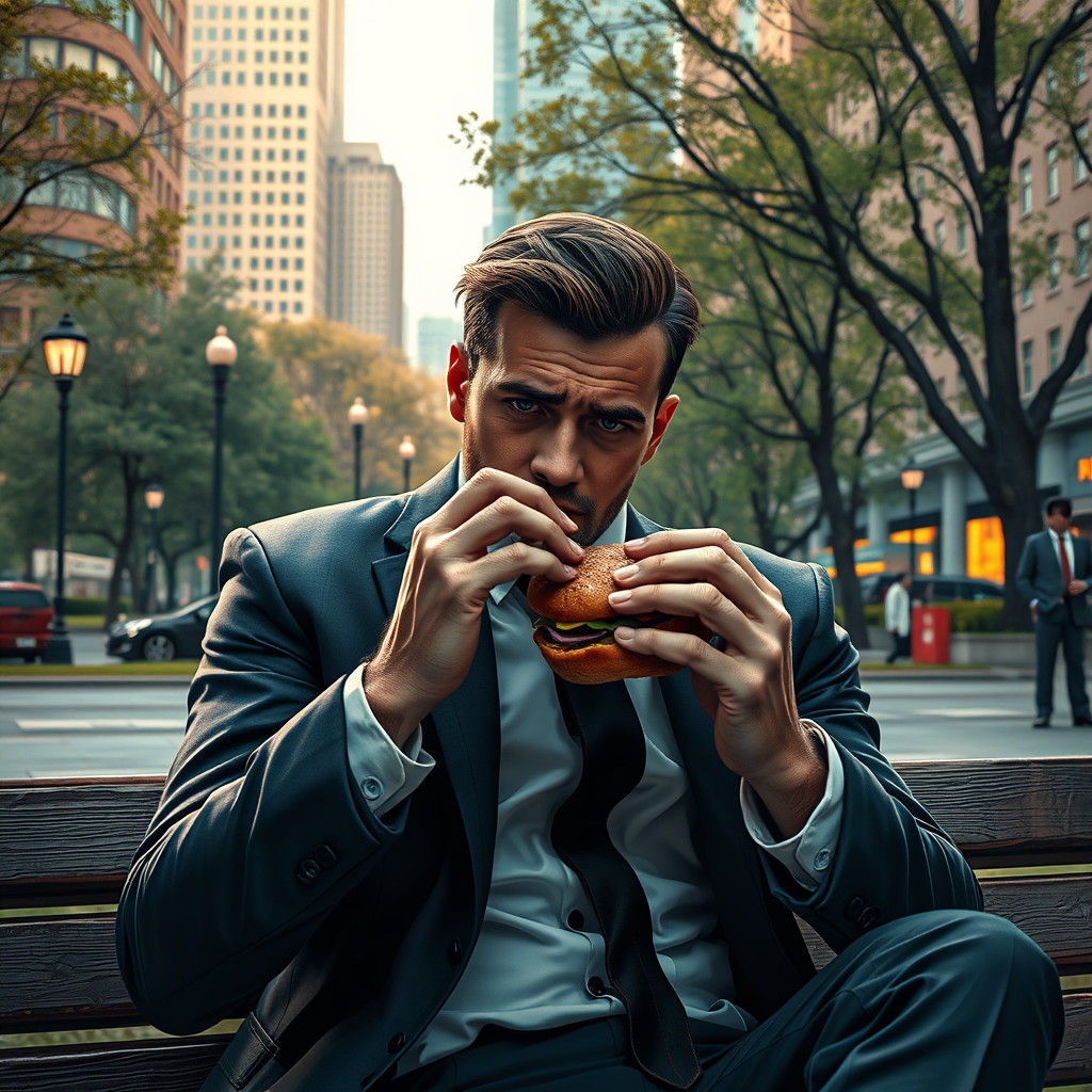 Man in Suit Eating Sandwich, Detailed Matte Painting