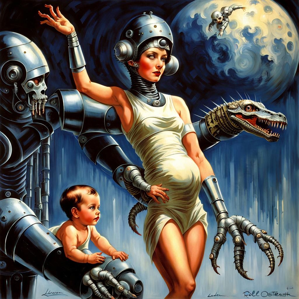 Dieselpunk Mother and Grotesque Cyborg Infant