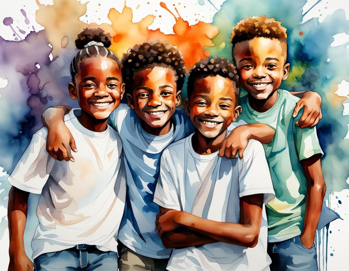 Three African American Brothers in Watercolor Portrait