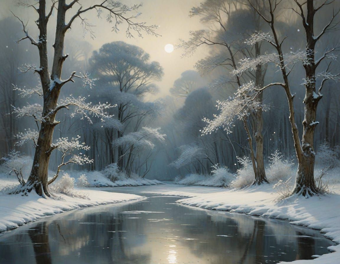 Moonlit Winter Wonderland Scene in Soft Impressionist Style