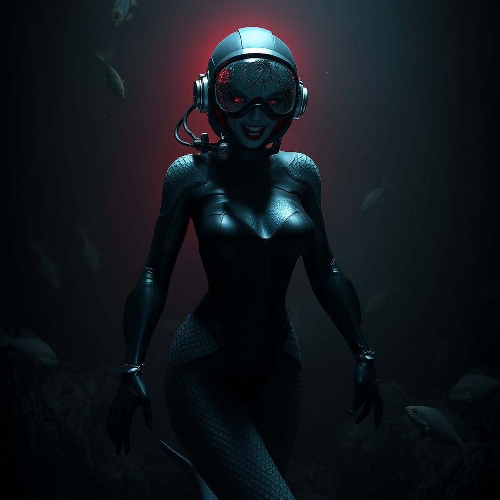 Eerie Mermaid Creature in Dark Ocean Depths