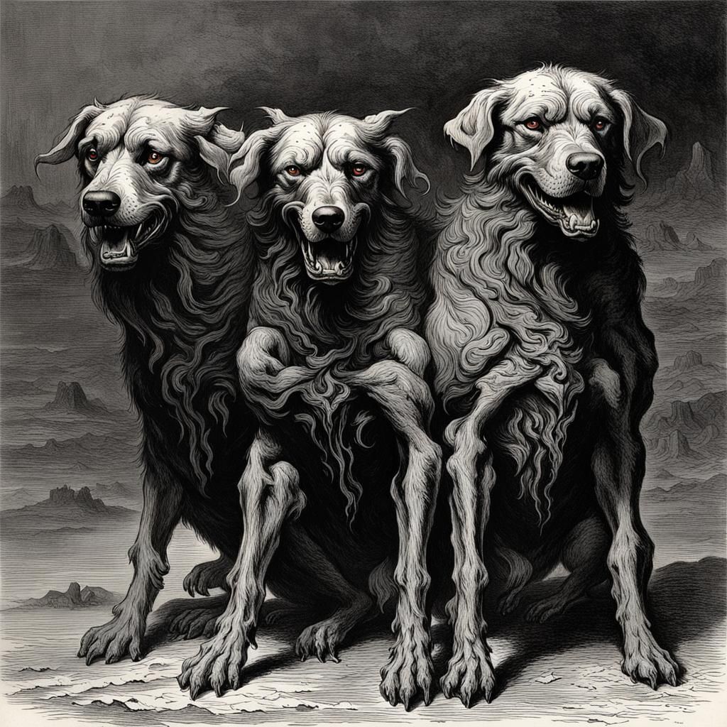Three-Headed Cerberus in Horror Art Style