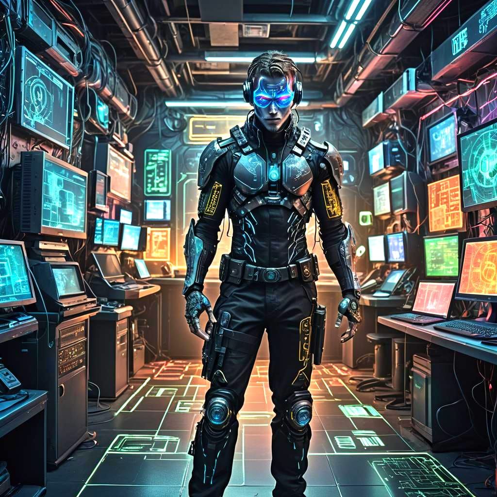 Cyberpunk Hacker in Neon City Hideout