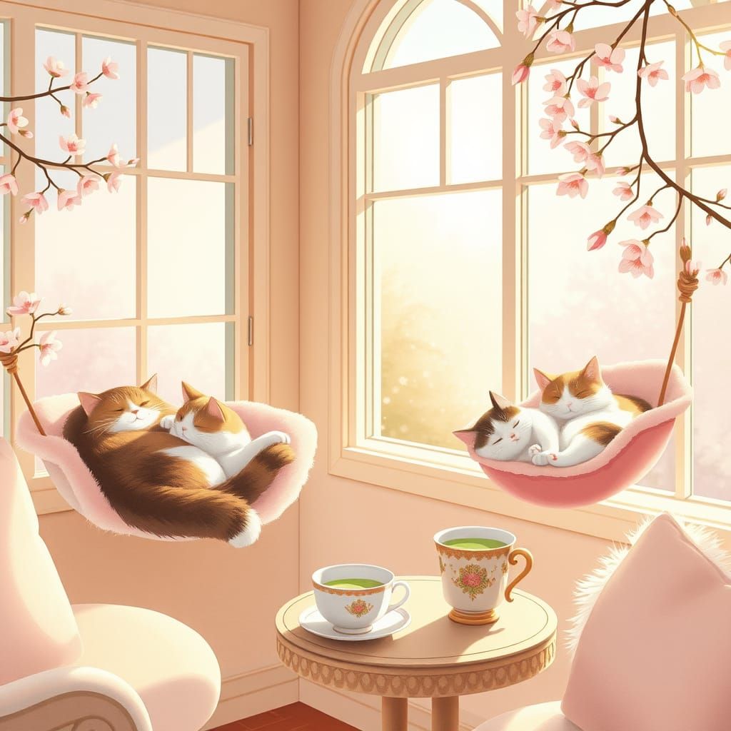 Whimsical Sunlit Cat Café with Cherry Blossoms and Soft Past...