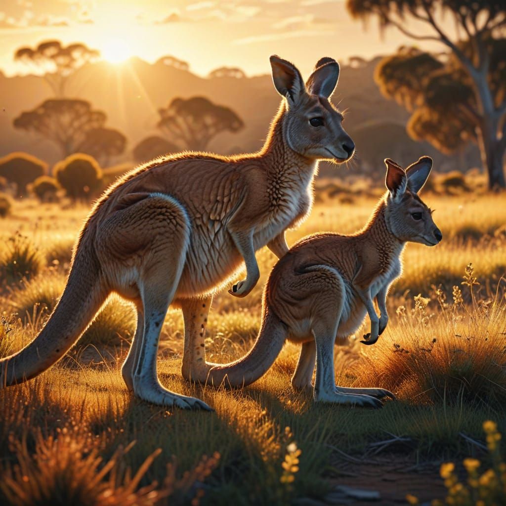 Kangaroos in Sunny Australian Grassland, Puzzle Graphic Styl...