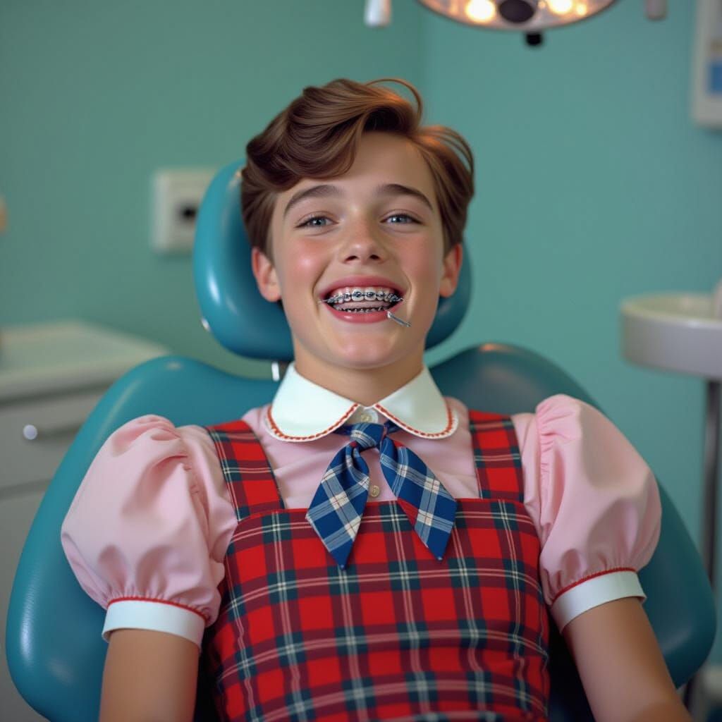 Man in Dentist Chair with Braces and School Uniform
