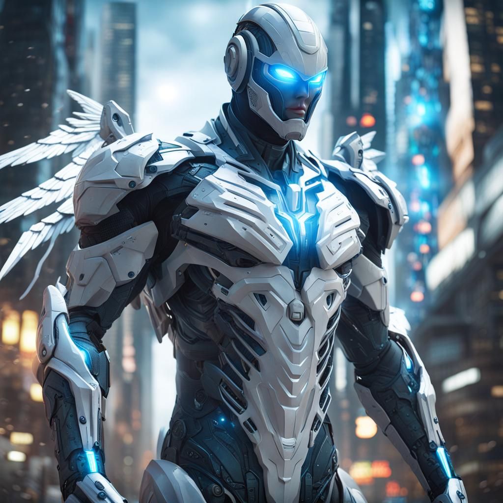 Cybernetic Superhero with Lightning Powers in Futuristic Cit...