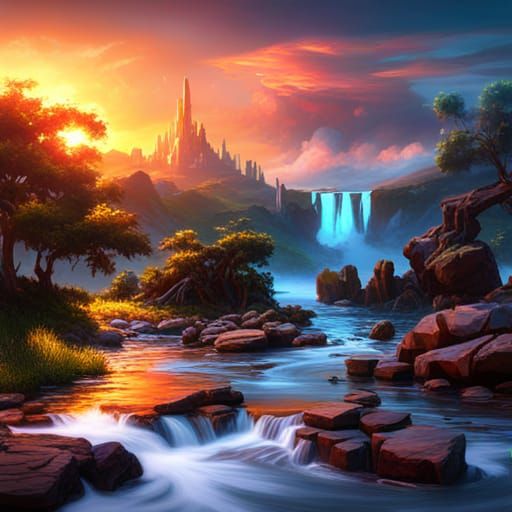 Fantastical Sunset Landscape in Detailed Matte Painting