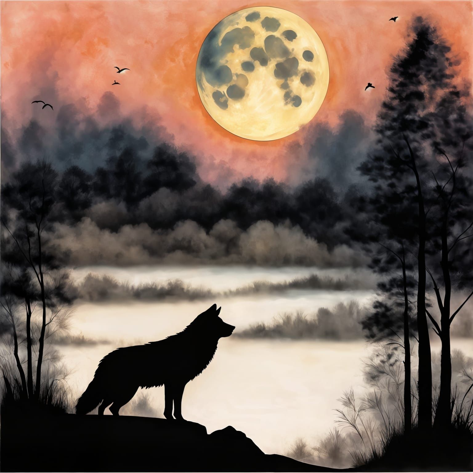Moonlit Wolf Silhouette in Impressionist Style